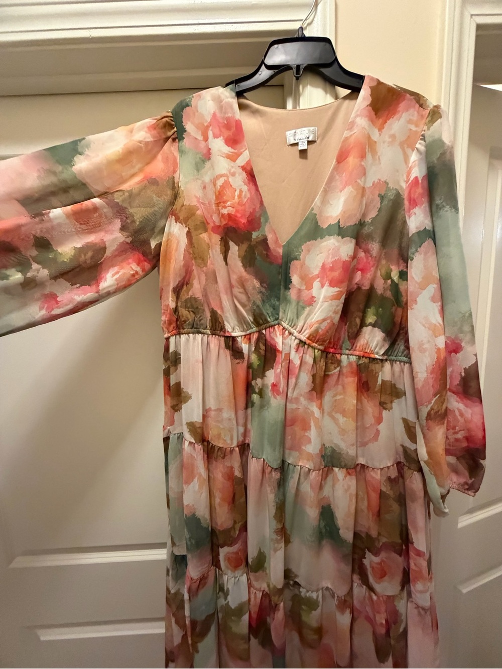 Robbie Bee Floral Watercolor Long Sleeve Maxi Dress in Pink, Green, Coral